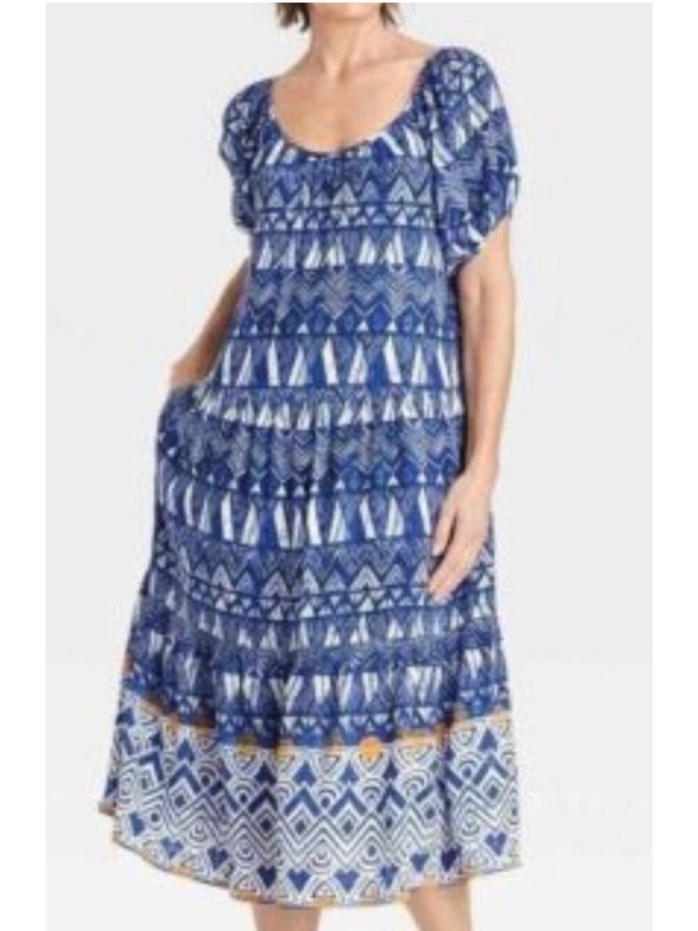 New Knox Rose Women's Puff Sleeve Midi Dress Boho Layered Geometric Pockets XS
